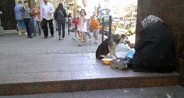 Жебрачка годує пса біля підземного переходу у Львові