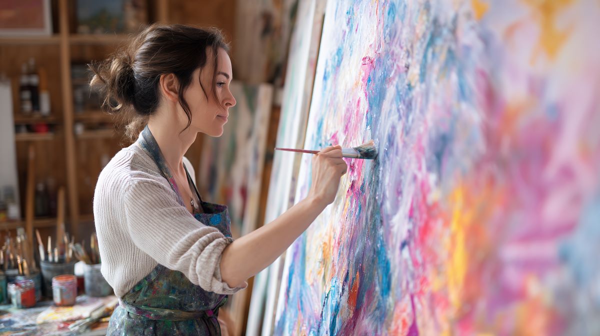Художниця малює пензлем барвисту картину. На задньому плані — банки з олівцями і пензлями